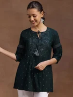 Green Woven Design Rayon A-Line Kurti - Image 2