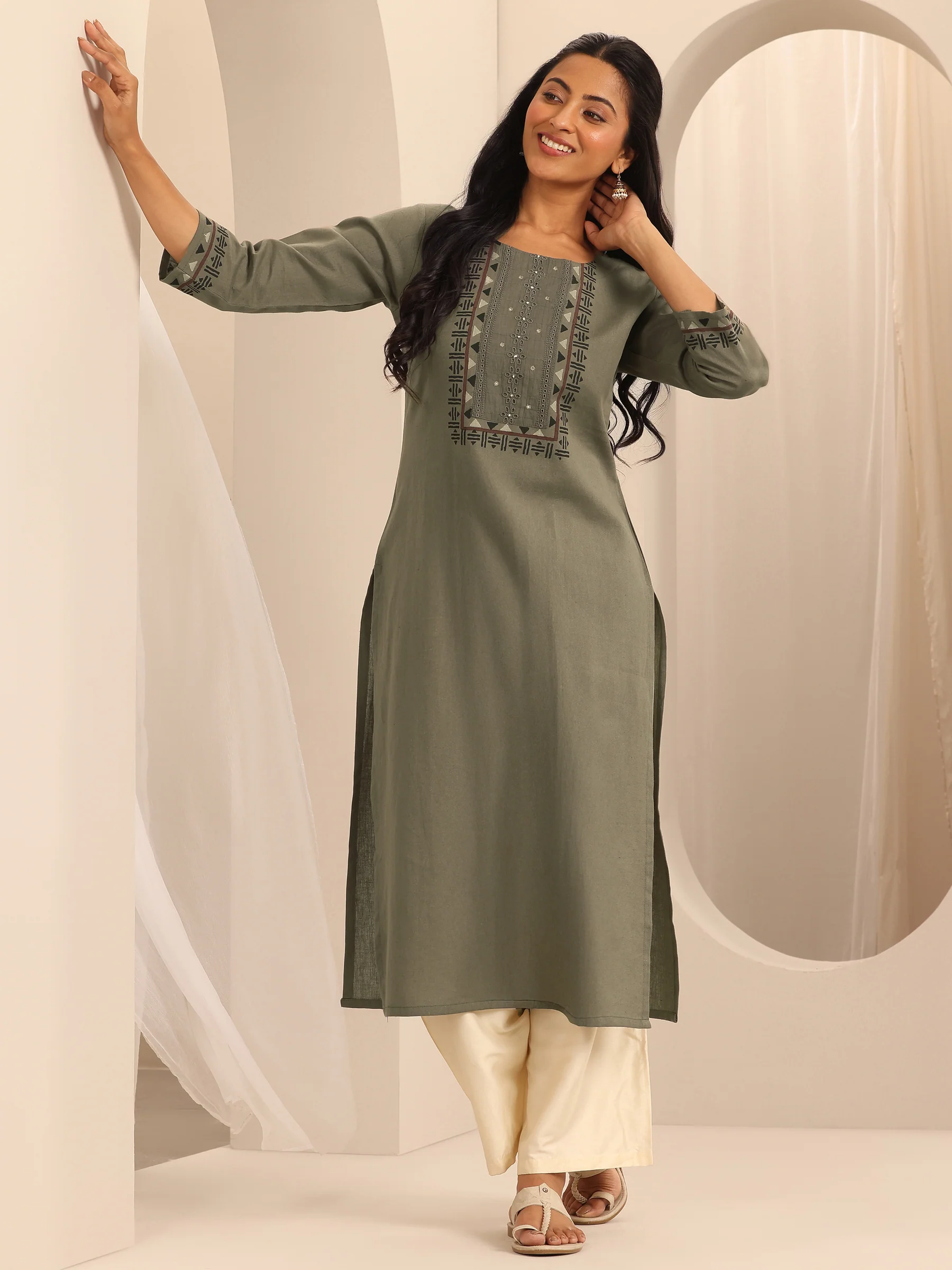 98213O_6Main-1.webp Taupe Printed Cotton Blend Straight Kurta - Image 1