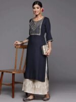 Navy Blue Yoke Design Rayon Straight Kurta - Image 3