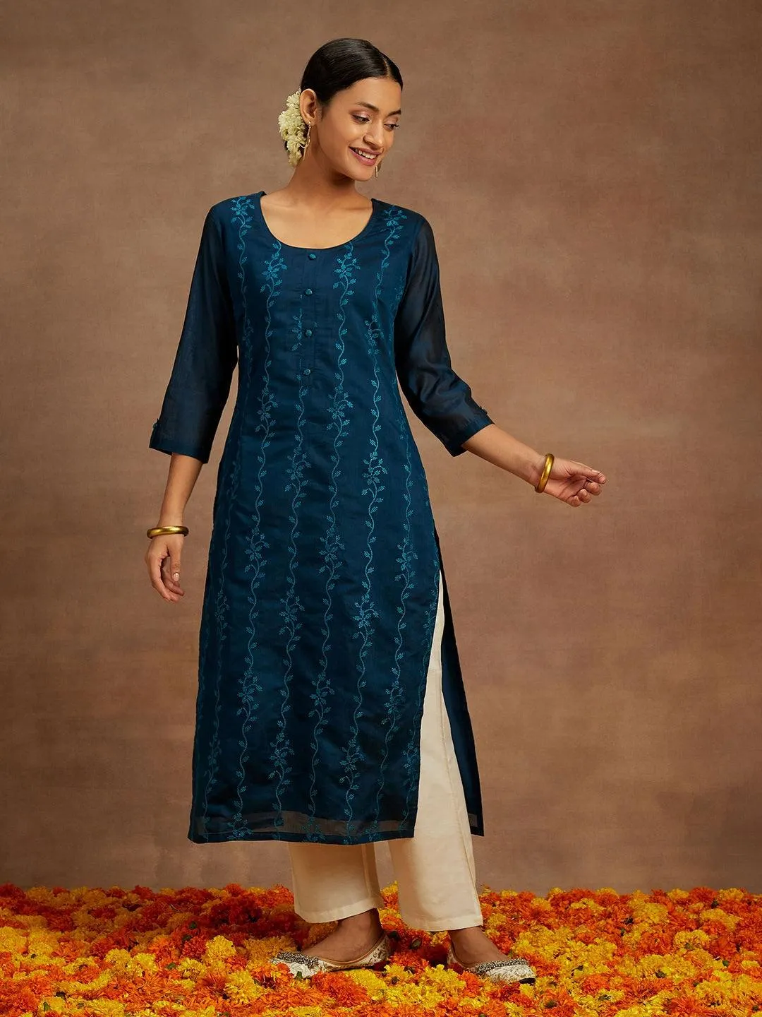 Teal embroidered kurta set